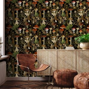 Jeweluck Floral Peel and Stick Wallpaper Mushroom Contact Paper 17.7 in x 9.8 ft Flower Removable Wallpaper Peel and Stick Forest Wallpaper Stick on Wallpaper for Bathroom Black Decorative Vinyl