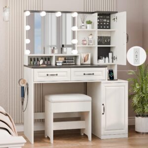 buytime farmhouse makeup vanity with charging station, vanity desk with lights mirror and drawers, glass top makeup vanity with jewelry cabinet, hairdryer holder and stool for bedroom, off white