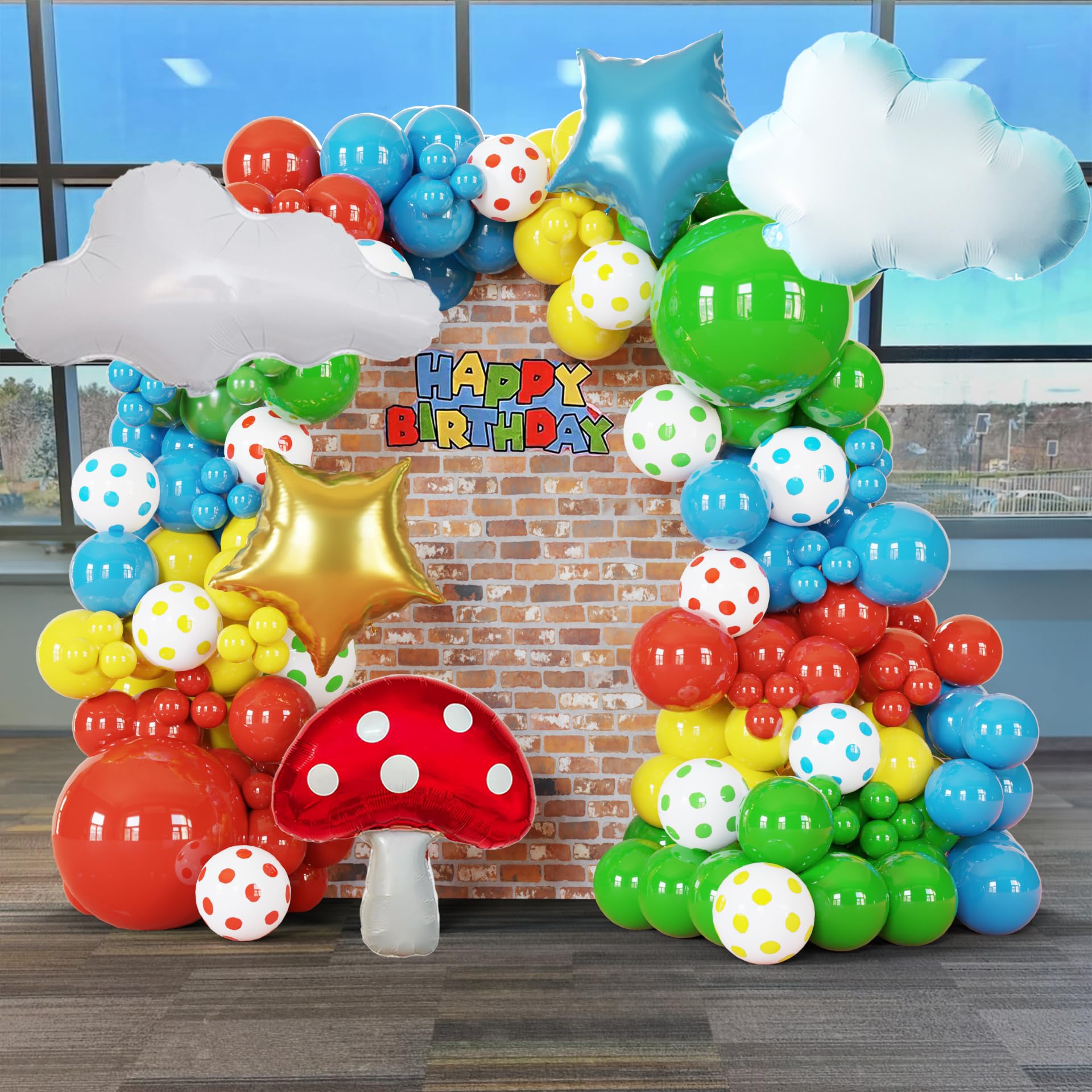 ECEAE 118Pcs Red Blue Yellow Green Rainbow Circus Balloons Garland Arch Kit With Star, Mushroom, Cloud Balloons, For Baby Shower, Birthday Decoration, Cartoon & Video Game & Carnival Themed Parties