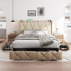 iPormis Queen Bed Frame with 4 Storage Drawers, Upholstered Platform Bed Frame with Charging Station, Modern Wingback Storage Headboard, Easy Assembly, Beige