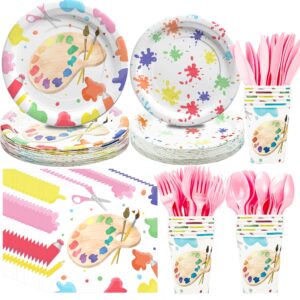 naiwoxi art paint party supplies tableware - paint art party decorations dinnerware, plates, napkins, cups, cutlery, art painting themed party supplies for birthday baby shower | serves 24