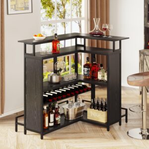 YITAHOME L Shaped Mini Home Bar Unit for Living Room with Music Sensing LED Light, Tall Bars Furniture Table with Wine Rack Alcohol Storage Glasses Hanger Footrest for Kitchen Pub, Black