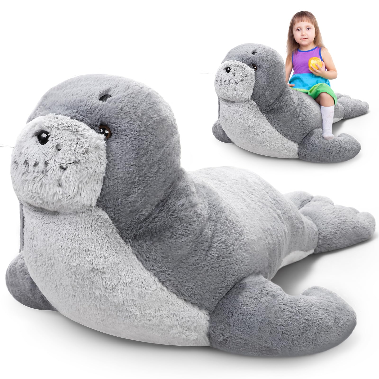 39 Inch Giant Seal Plush Stuffed Animal Large Soft Cuddly Grey Cute Hug Seal Plush Toy Adorable Big Seal Pillow Gift for Kids Sleeping Companion Birthday Ocean Animals Decor