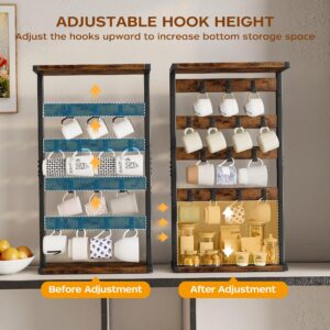 Homeiju 14-Hook Large Coffee Mug Holder for Countertop/Wall Mounted,4 Tier Coffee Cup Holder with Top & Bottom Storage Shelf,Adjustable Hook & Shelves,Mug Tree for Home Bar,Coffee Station