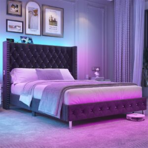 hlivelood queen led upholstered bed frame with wingback headboard, velvet diamond button tufted bed frame w/usb&type-c ports, pocket and led lights, wood slats support, no box spring needed, dark grey