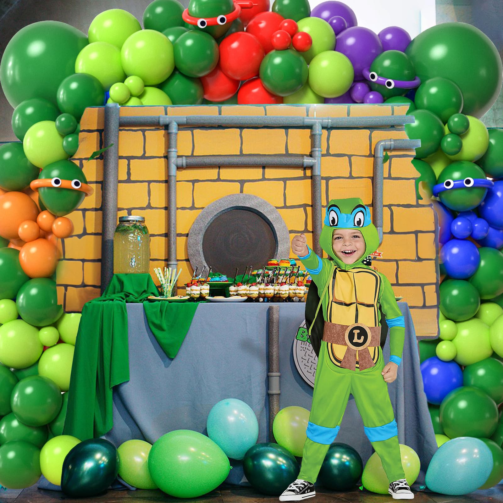 SNLN 153Pcs Turtle Birthday Party Decorations Supplies Kids Teen, Green Turtle Balloon Arch with Backdrop Tablecloth Googly Eye Long Balloons, Girls Boys Video Game Cartoon Turtle Birthday Decorations