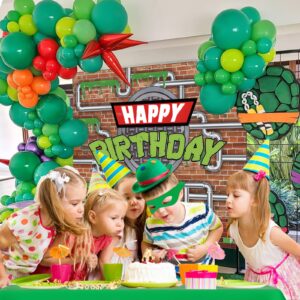 SNLN 153Pcs Turtle Birthday Party Decorations Supplies Kids Teen, Green Turtle Balloon Arch with Backdrop Tablecloth Googly Eye Long Balloons, Girls Boys Video Game Cartoon Turtle Birthday Decorations