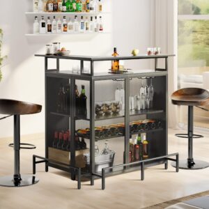 YITAHOME L Shaped Mini Home Bar Unit for Living Room with Music Sensing LED Light, Tall Bars Furniture Table with Wine Rack Alcohol Storage Glasses Hanger Footrest for Kitchen Pub, Black