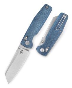 bestech knives pocket folder folding knife: 3.5" d2 steel cleaver stonewashed blade, micarta scales, thumbstud, b-lock, edc steel wire clip (blue)