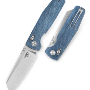 BESTECH KNIVES Pocket Folder Folding Knife: 3.5" D2 Steel Cleaver Stonewashed Blade, Micarta Scales, Thumbstud, B-Lock, EDC Steel Wire Clip (Blue)