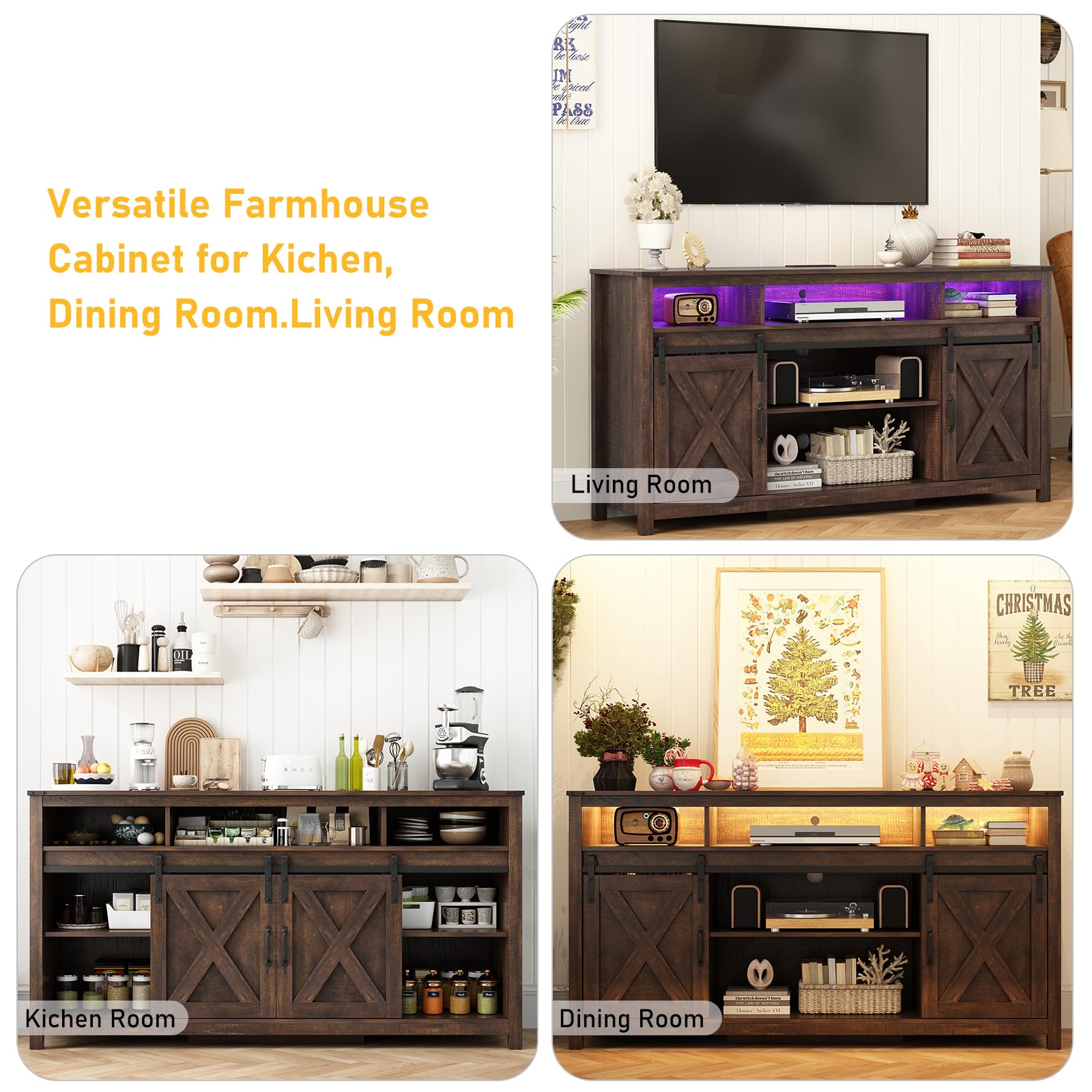 Hlivelood LED Farmhouse TV Stand for 70/65/60inch TV with Power Outlets, 32" Tall Modern TV Stands for Living Room,TV Entertainment Center with Sliding Barn Door,Sideboard Cabinet(Brown)