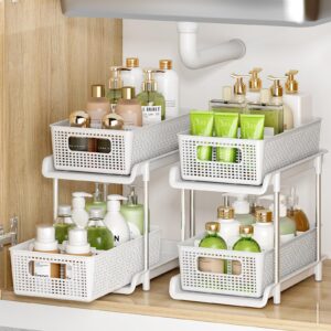 rikojuxi bathroom organizer with dividers, 2pcs 2 tier stackable under sink organizers and storage cabinet organizers for bathroom kitchen pantry organization and storage, medicine cabinet organizer