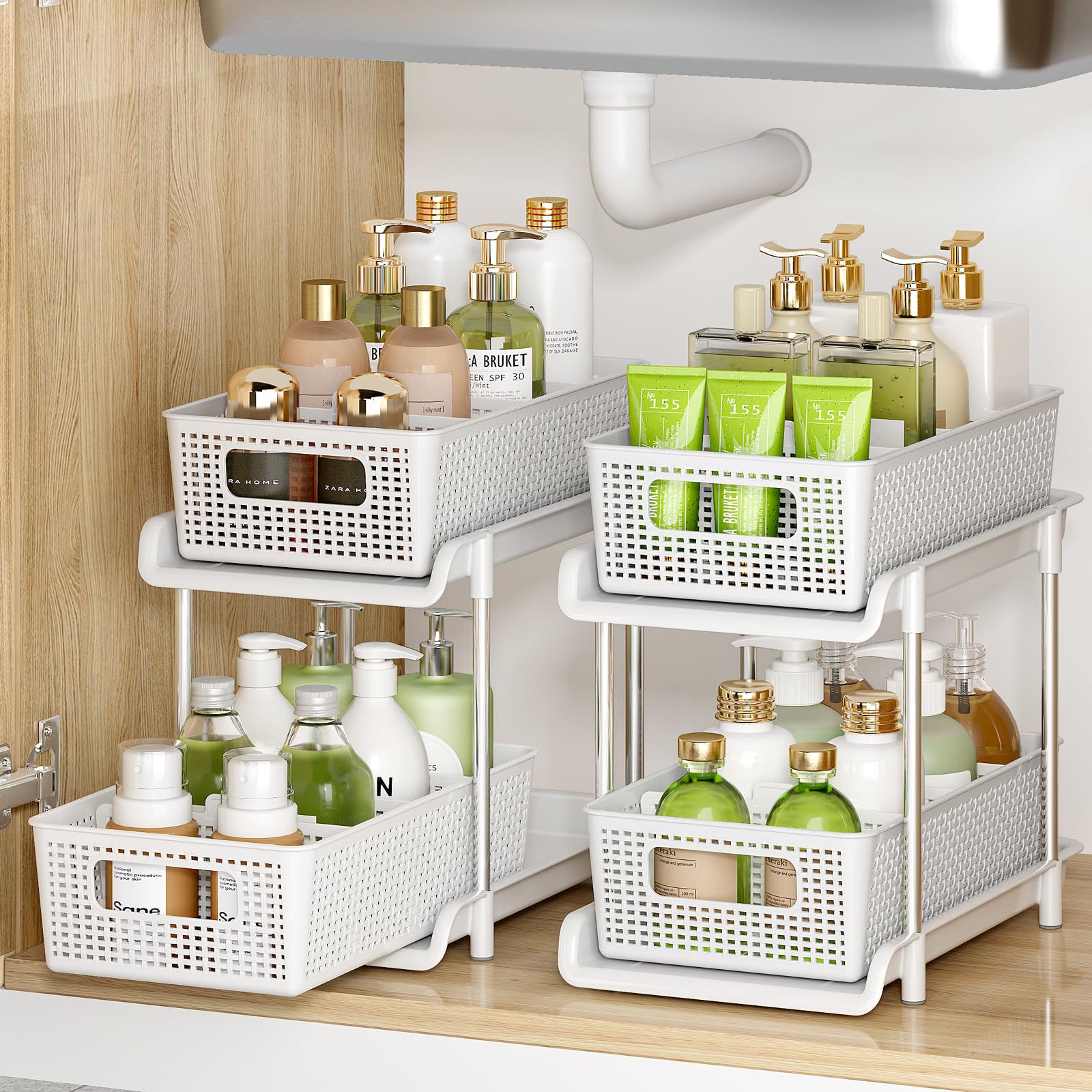 RIKOJUXI Bathroom Organizer with Dividers, 2Pcs 2 Tier Stackable Under Sink Organizers and Storage Cabinet Organizers for Bathroom Kitchen Pantry Organization and Storage, Medicine Cabinet Organizer