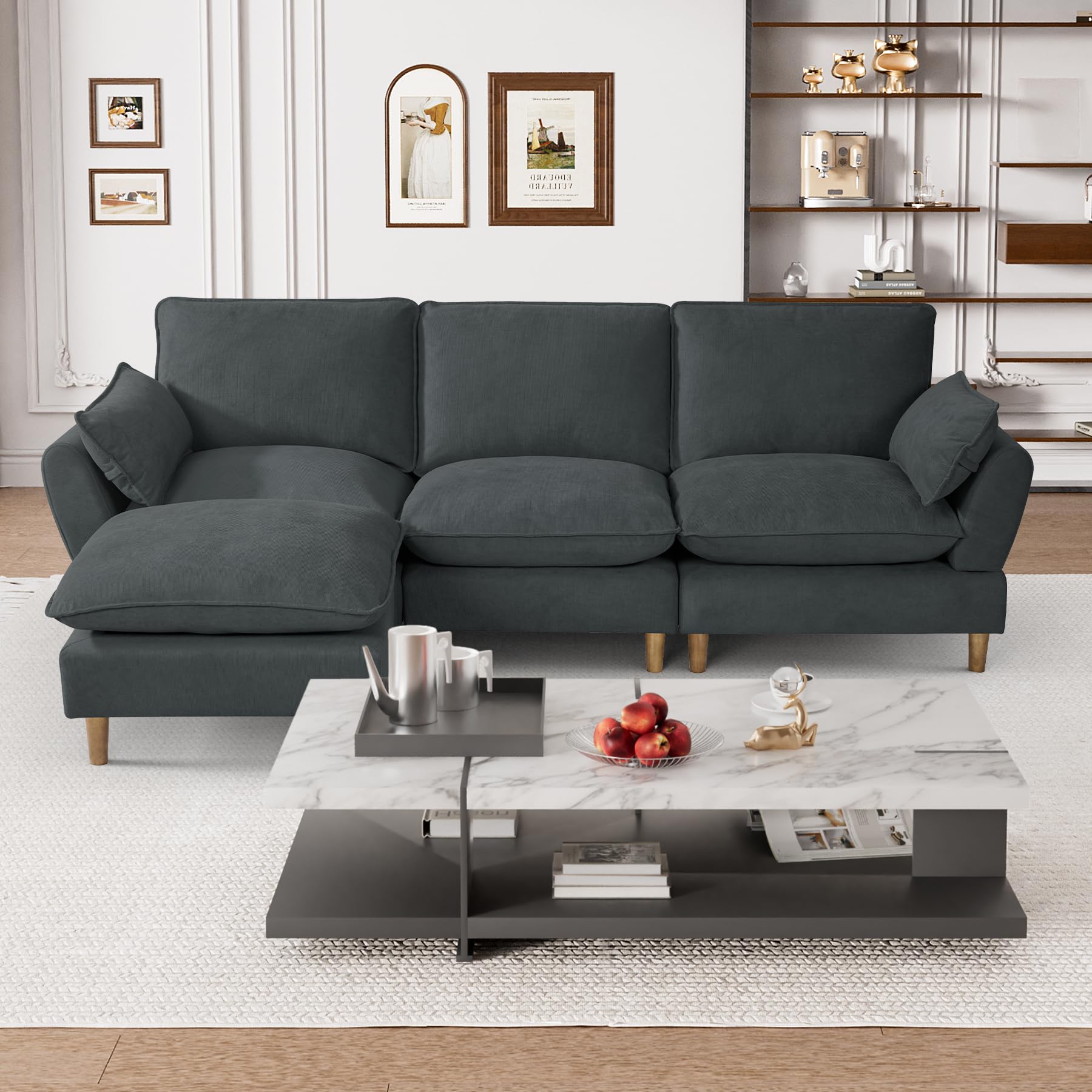 Wrofly L-Shaped Sectional Sofa Couch, 94" Comfy Chenille Deep Seat Cloud Couch with Convertible Ottoman & 2 Pillows, Modern Oversized 3 Seater Sleeper Sofa Set for Living Room Office, Dark Grey