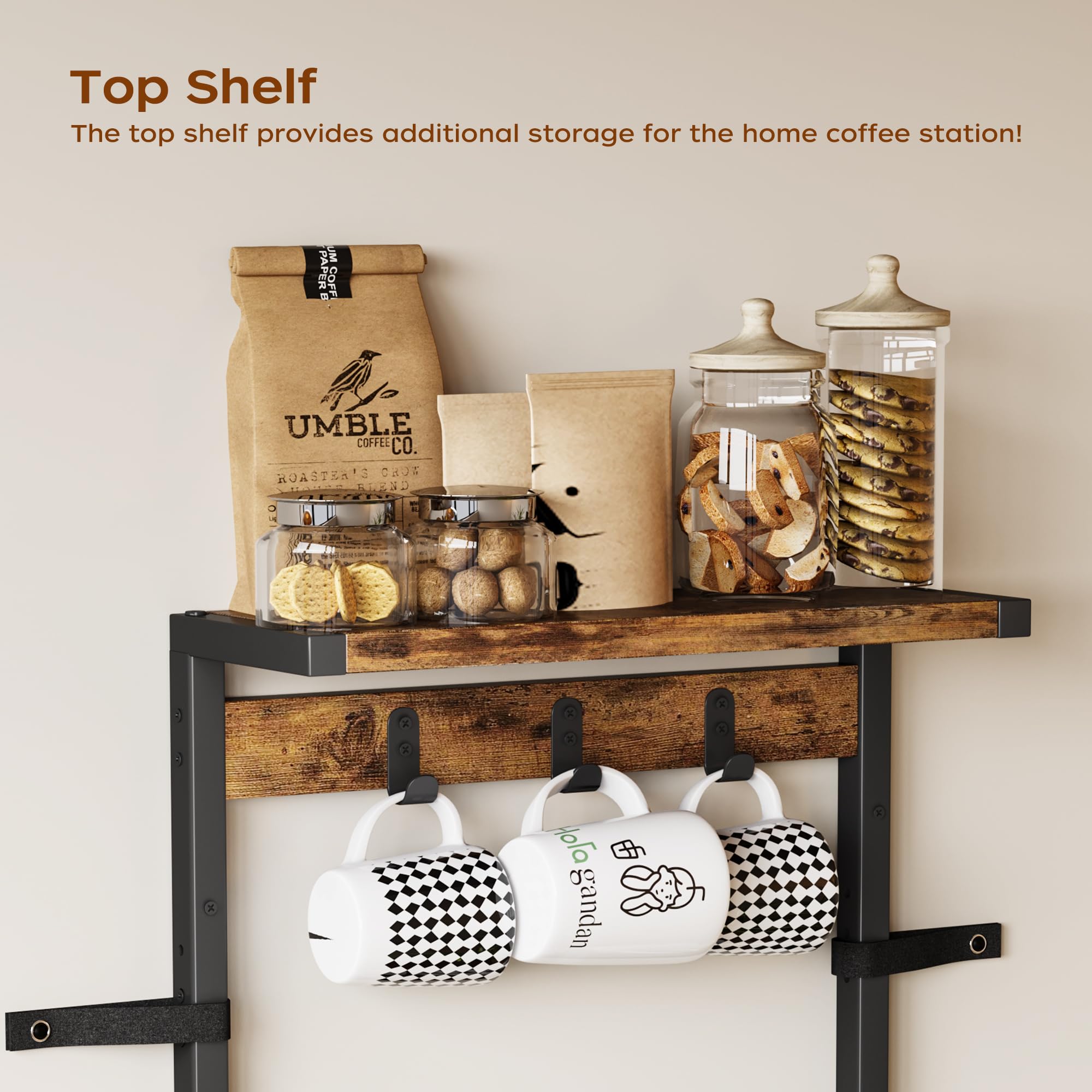 Homeiju 14-Hook Large Coffee Mug Holder for Countertop/Wall Mounted,4 Tier Coffee Cup Holder with Top & Bottom Storage Shelf,Adjustable Hook & Shelves,Mug Tree for Home Bar,Coffee Station