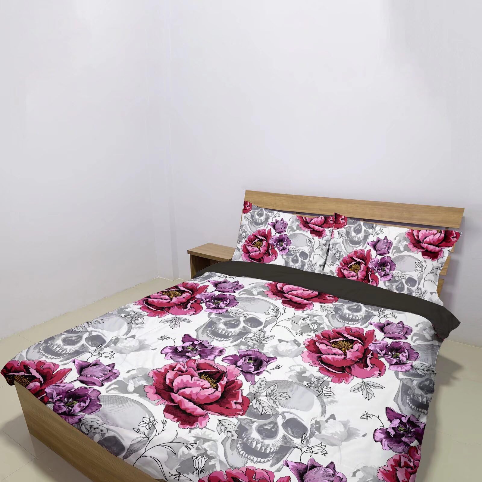 Gearider White Skull Bedding Sets for Teen Women, Death Skull Pattern Duvet Cover Set, Skeleton Theme Peony Floral Bedding Set Queen Size