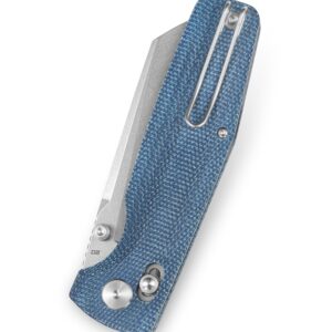 BESTECH KNIVES Pocket Folder Folding Knife: 3.5" D2 Steel Cleaver Stonewashed Blade, Micarta Scales, Thumbstud, B-Lock, EDC Steel Wire Clip (Blue)