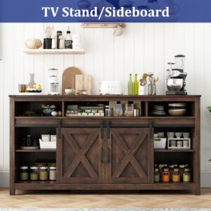 Hlivelood LED Farmhouse TV Stand for 70/65/60inch TV with Power Outlets, 32" Tall Modern TV Stands for Living Room,TV Entertainment Center with Sliding Barn Door,Sideboard Cabinet(Brown)