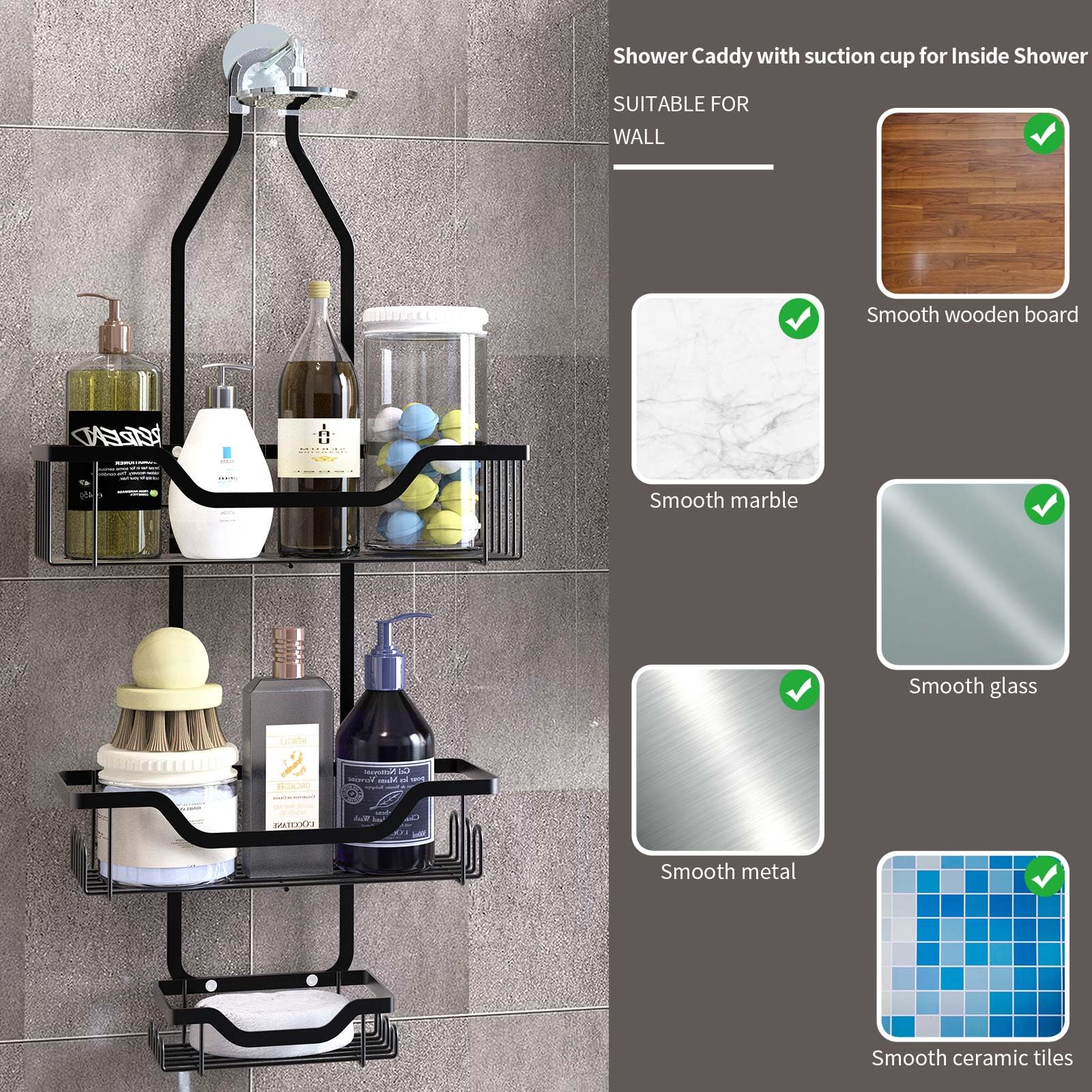 Singolas Shower Caddy Hanging, Over the Shower Head Caddy Organizer with 12 Hooks for Razor and Sponge, Anti-Swing, Rustproof Bathroom Organizers and Storage Hanging Shower Organizer Bathroom Shelves