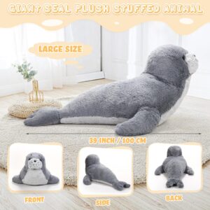 39 Inch Giant Seal Plush Stuffed Animal Large Soft Cuddly Grey Cute Hug Seal Plush Toy Adorable Big Seal Pillow Gift for Kids Sleeping Companion Birthday Ocean Animals Decor