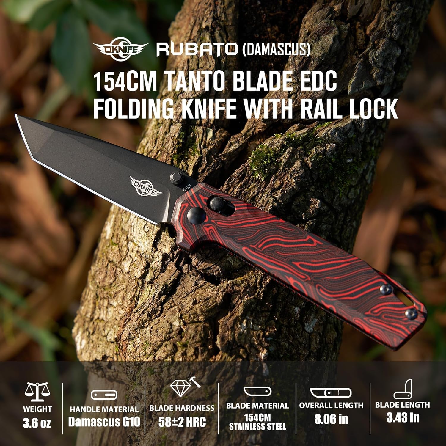 OKNIFE Rubato Pocket Knife, Tanto Style EDC Folding Knife with 154CM Stainless Blade and G10 Handle for Camping Indoor and Outdoor Activities (Black and Red)