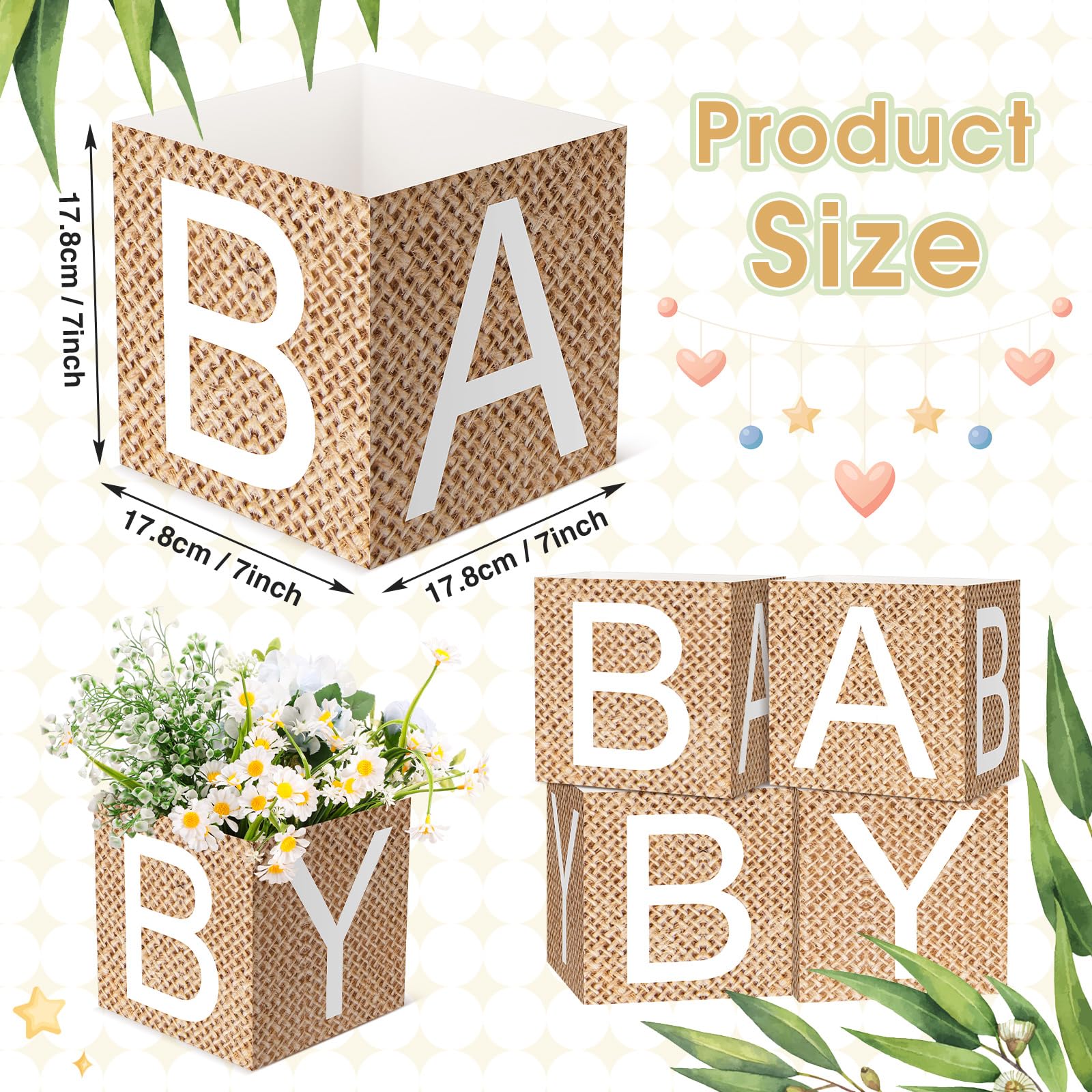 Noveread 6 Pcs Burlap Print Baby Shower Party Decorations Baby Flower Boxes Centerpiece Rustic Burlap Table Display with Letters for Gender Reveal Party Gender Neutral Baby Shower Centerpiece Decor