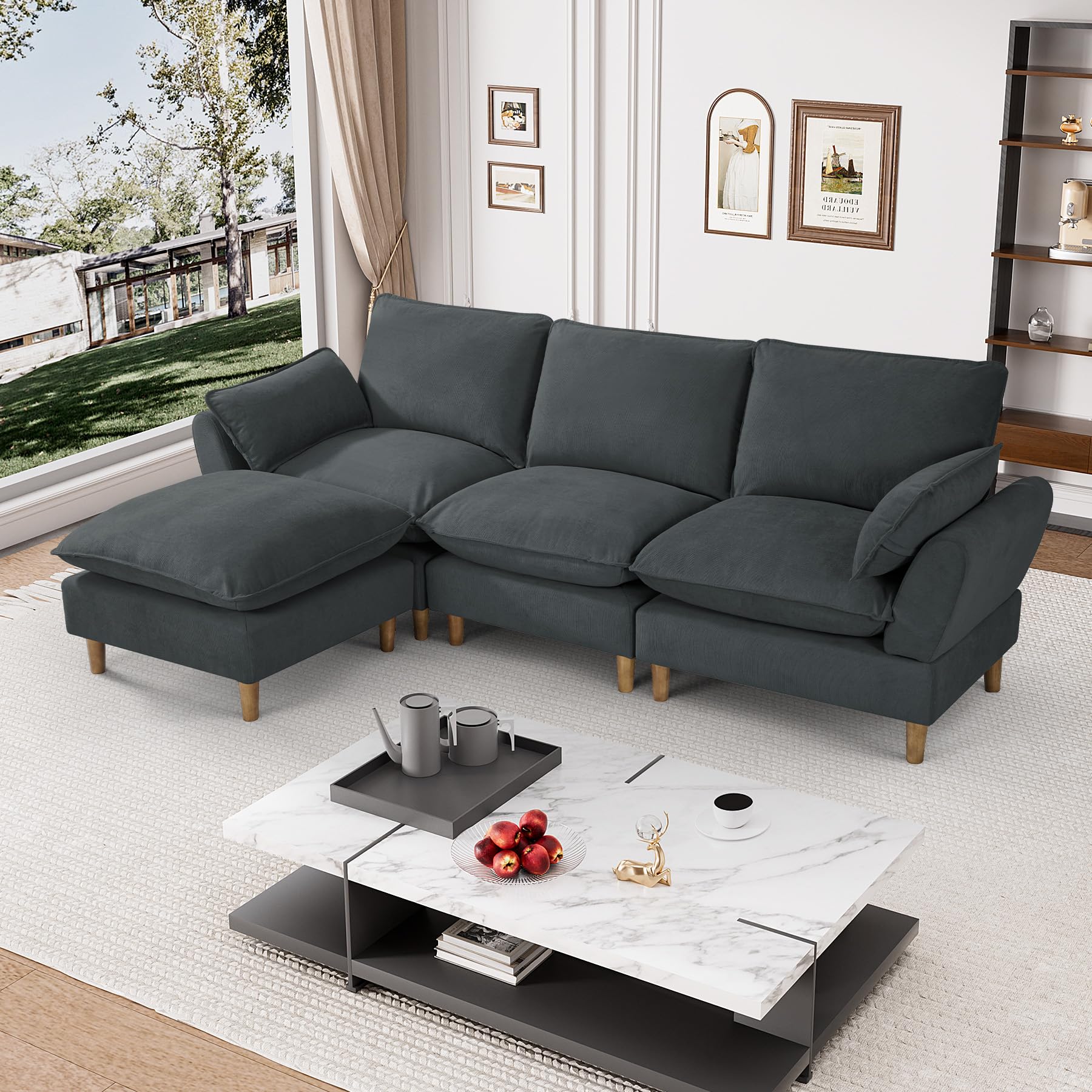 Wrofly L-Shaped Sectional Sofa Couch, 94" Comfy Chenille Deep Seat Cloud Couch with Convertible Ottoman & 2 Pillows, Modern Oversized 3 Seater Sleeper Sofa Set for Living Room Office, Dark Grey