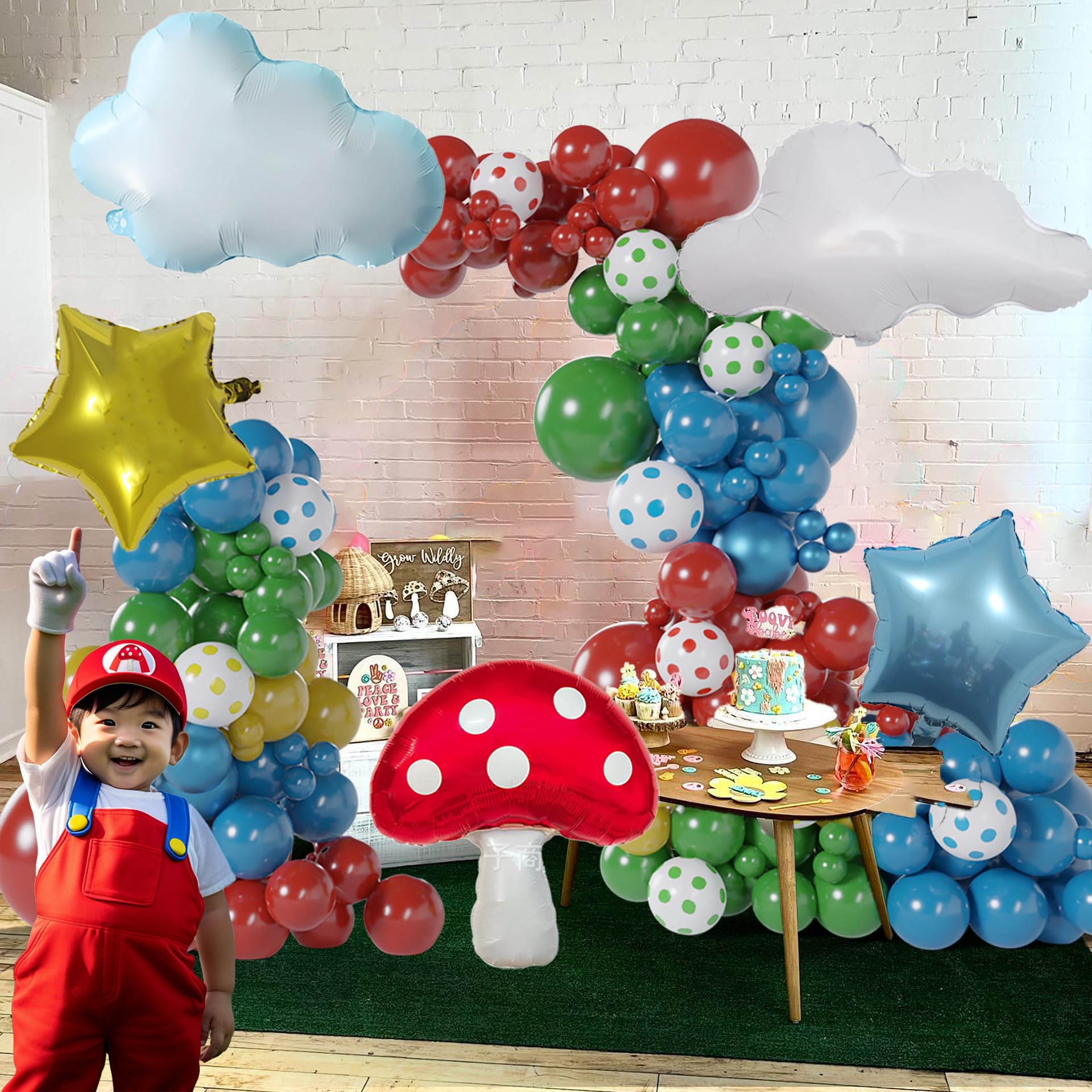 ECEAE 118Pcs Red Blue Yellow Green Rainbow Circus Balloons Garland Arch Kit With Star, Mushroom, Cloud Balloons, For Baby Shower, Birthday Decoration, Cartoon & Video Game & Carnival Themed Parties