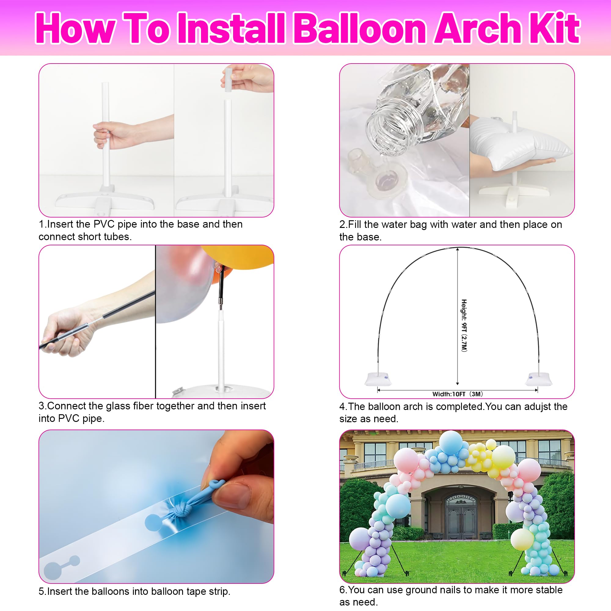 Toosci Balloon Arch Kit 9FT Height & 10FT Width, Adjustable Balloon Arch Stand Set，Balloon Arch Frame with Base for Wedding Baby Shower Birthday Party Supplies Decorations