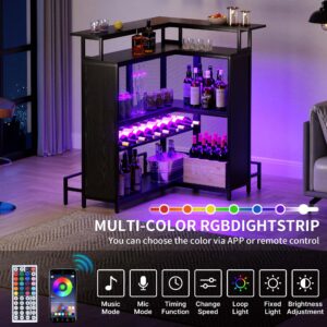 YITAHOME L Shaped Mini Home Bar Unit for Living Room with Music Sensing LED Light, Tall Bars Furniture Table with Wine Rack Alcohol Storage Glasses Hanger Footrest for Kitchen Pub, Black