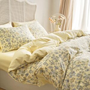 wake in cloud - floral duvet cover set, botanical vintage flower coquette cottagecore aesthetic for women teen girls, soft lightweight bedding, 3-piece, cream yellow, full size