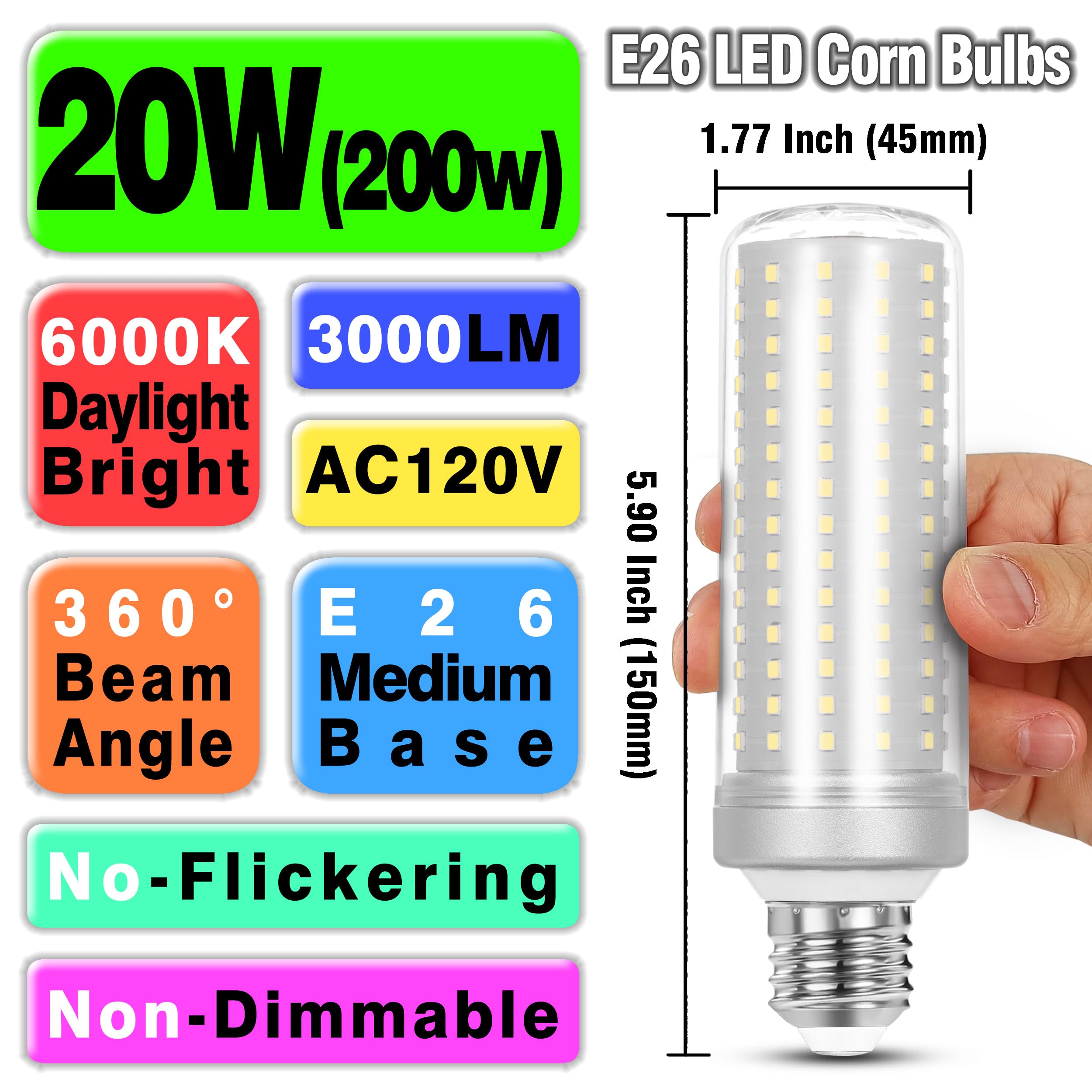 Big 1.77x 5.9 inch E26 LED Corn Light Bulb 200W Equivalent 3000 lm 6000K Cool Daylight Bright,20W E27 Medium Base Non-dimmable Candelabra Ceiling Fan Corn Lighting for Home Garage Warehouse,4Pack