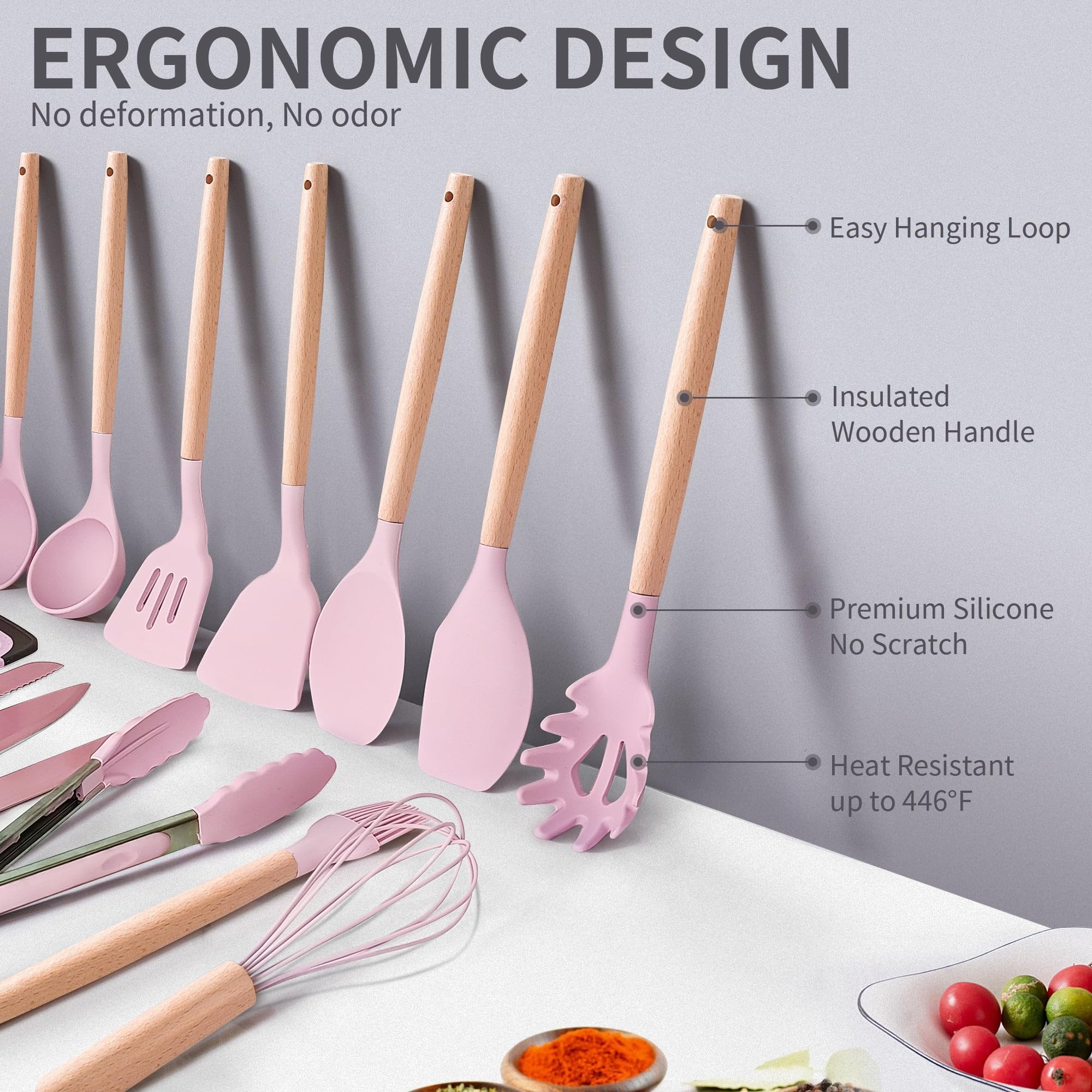 Cooking Utensils Set, 19-Piece Silicone Utensil and Knife Set with Block, Including 11 Silicone Utensils, 5 Stainless Steel Knives, Scissors, Kitchen Utensils Block and Cutting Board by ITZZO-Pink