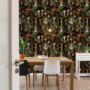 Jeweluck Floral Peel and Stick Wallpaper Mushroom Contact Paper 17.7 in x 9.8 ft Flower Removable Wallpaper Peel and Stick Forest Wallpaper Stick on Wallpaper for Bathroom Black Decorative Vinyl