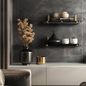 Afuly Black Floating Shelves for Wall, Gold Shelf for Home Decor, 16 inch Wall Mounted Shelves for Living Room Bedroom Bathroom, Modern Luxury Storage Display Marble Shelf