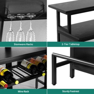 YITAHOME L Shaped Mini Home Bar Unit for Living Room with Music Sensing LED Light, Tall Bars Furniture Table with Wine Rack Alcohol Storage Glasses Hanger Footrest for Kitchen Pub, Black