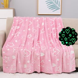 cloele glow in the dark heart stars blanket,pink throw blanket birthday gift for 2 3 4 5 6 7 8 9 10 year old kids girls - heart flannel throw blanket glowing luminous birthday valentines gifts,50"x60"