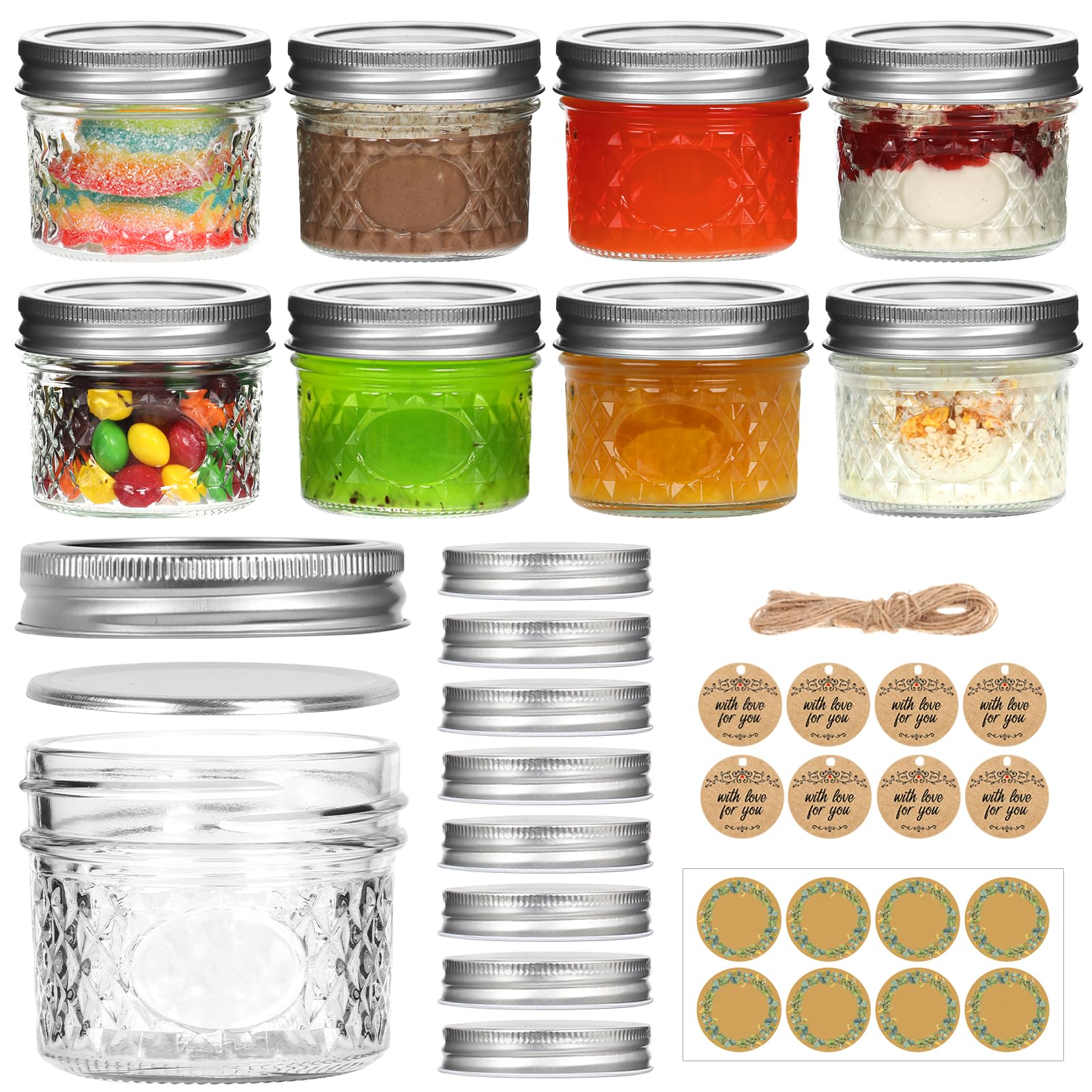 Small Mason Jars, 4oz 8 Pack Mini Mason Jars, Canning Jars With 2 Type Lids, 8 Split-Type Lids And EXTRA 8 One Piece Lids For Dessert, Honey, DIY Candle