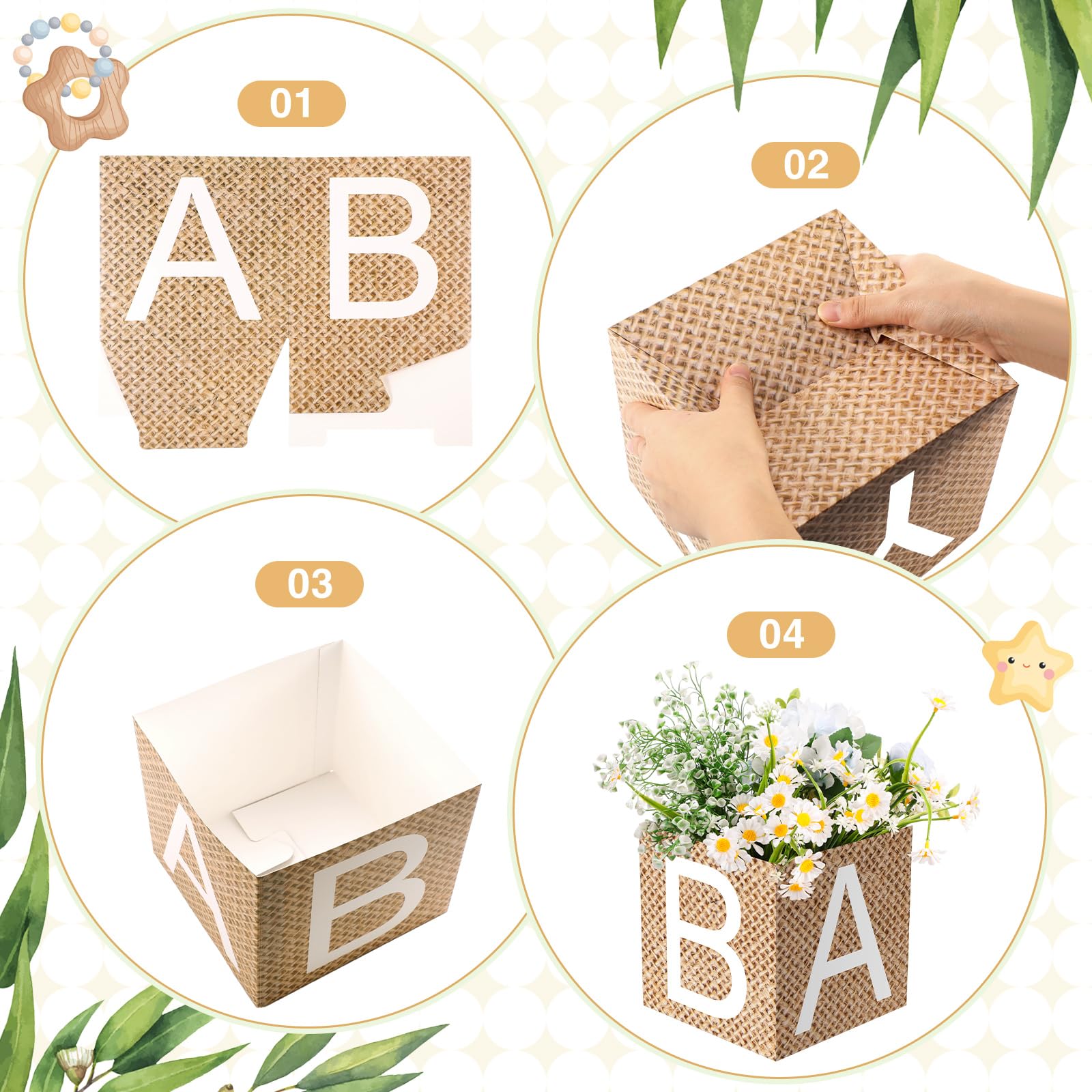 Noveread 6 Pcs Burlap Print Baby Shower Party Decorations Baby Flower Boxes Centerpiece Rustic Burlap Table Display with Letters for Gender Reveal Party Gender Neutral Baby Shower Centerpiece Decor