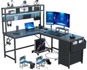 domicon gaming desk computer desk with pegboard & shelves large l shaped desk with drawers, gaming desk with power outlet & led & monitor stand & mobile cpu stand, corner deck for home office black