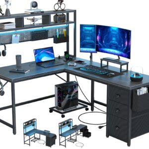 DOMICON Gaming Desk Computer Desk with Pegboard & Shelves Large L Shaped Desk with Drawers, Gaming Desk with Power Outlet & LED & Monitor Stand & Mobile CPU Stand, Corner Deck for Home Office Black