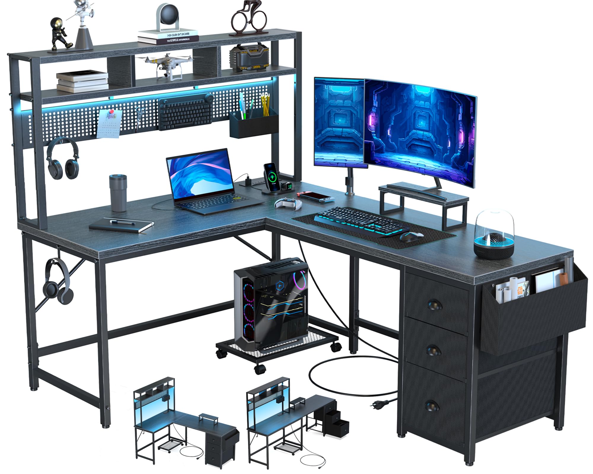 DOMICON Gaming Desk Computer Desk with Pegboard & Shelves Large L Shaped Desk with Drawers, Gaming Desk with Power Outlet & LED & Monitor Stand & Mobile CPU Stand, Corner Deck for Home Office Black