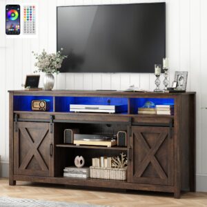 hlivelood led farmhouse tv stand for 70/65/60inch tv with power outlets, 32" tall modern tv stands for living room,tv entertainment center with sliding barn door,sideboard cabinet(brown)