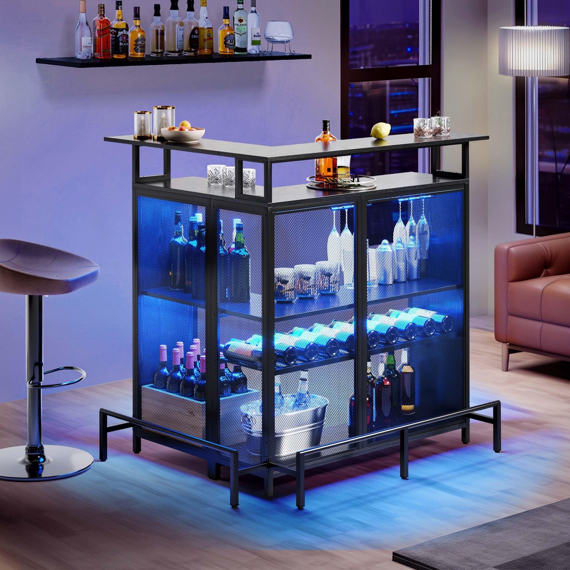 YITAHOME L Shaped Mini Home Bar Unit for Living Room with Music Sensing LED Light, Tall Bars Furniture Table with Wine Rack Alcohol Storage Glasses Hanger Footrest for Kitchen Pub, Black