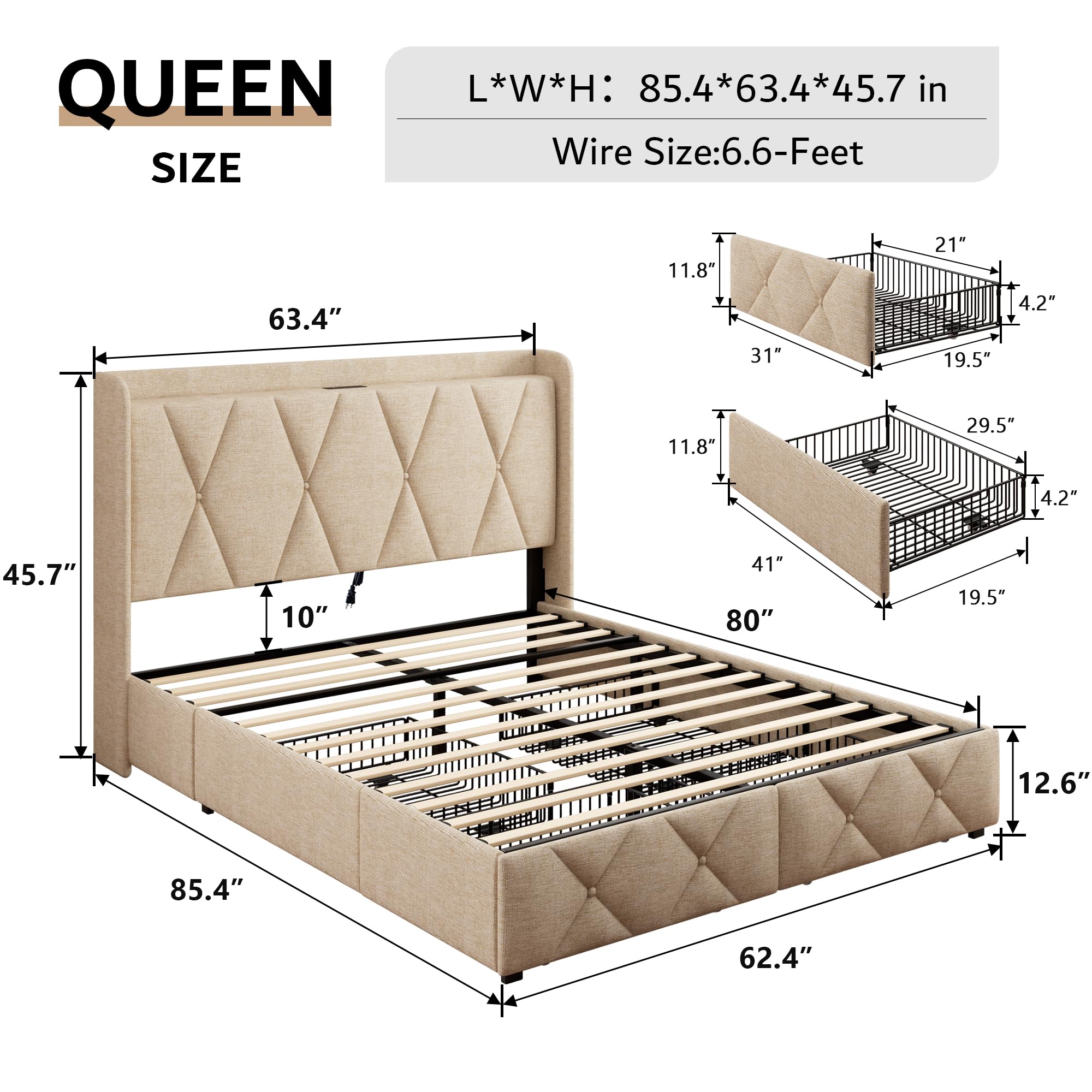 iPormis Queen Bed Frame with 4 Storage Drawers, Upholstered Platform Bed Frame with Charging Station, Modern Wingback Storage Headboard, Easy Assembly, Beige