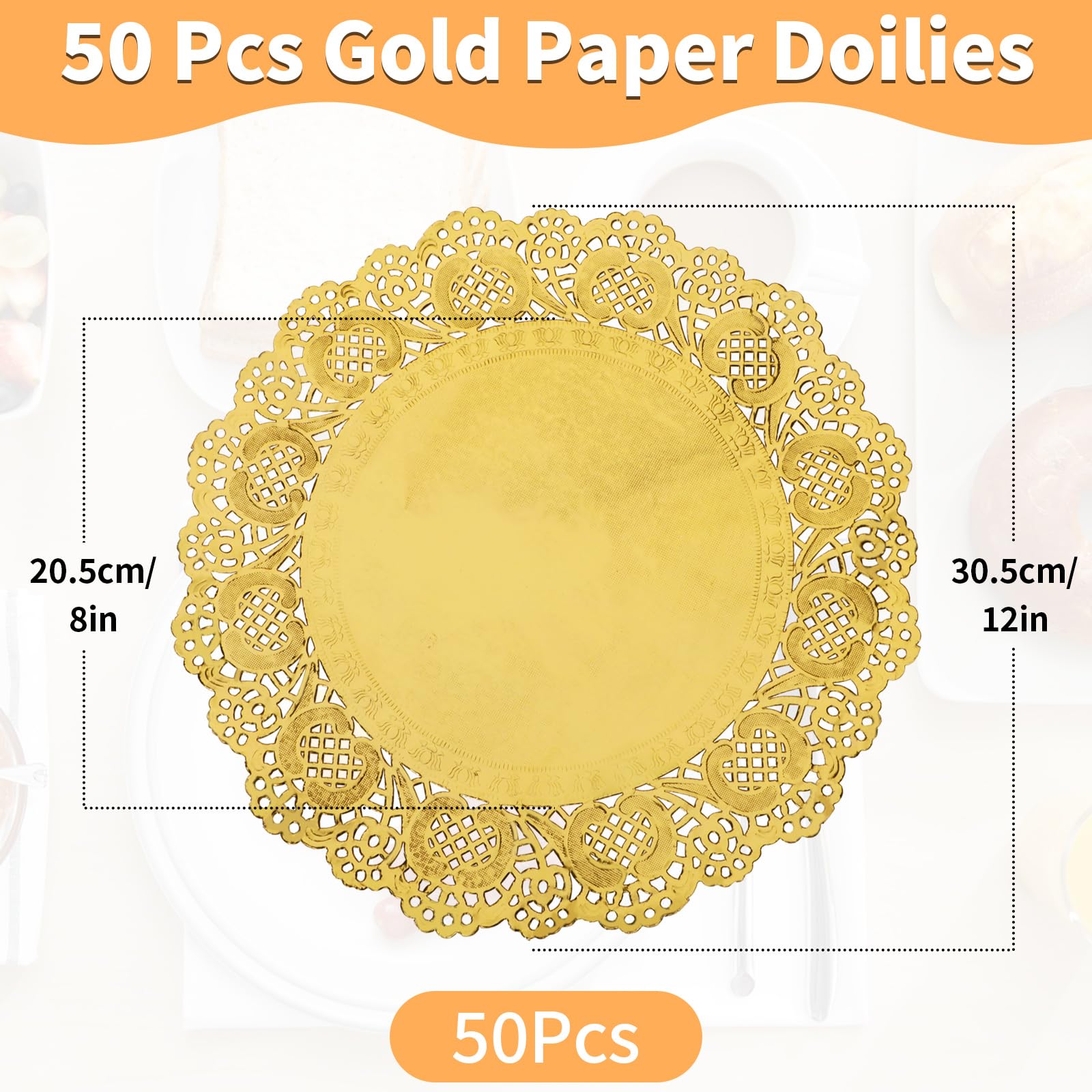 yeestone Gold Paper Doilies 12 Inch, 50 Pack Disposable Charger Plates, Round Paper Placemats, Foil Paper Doilies Bulk for Party Table Decor