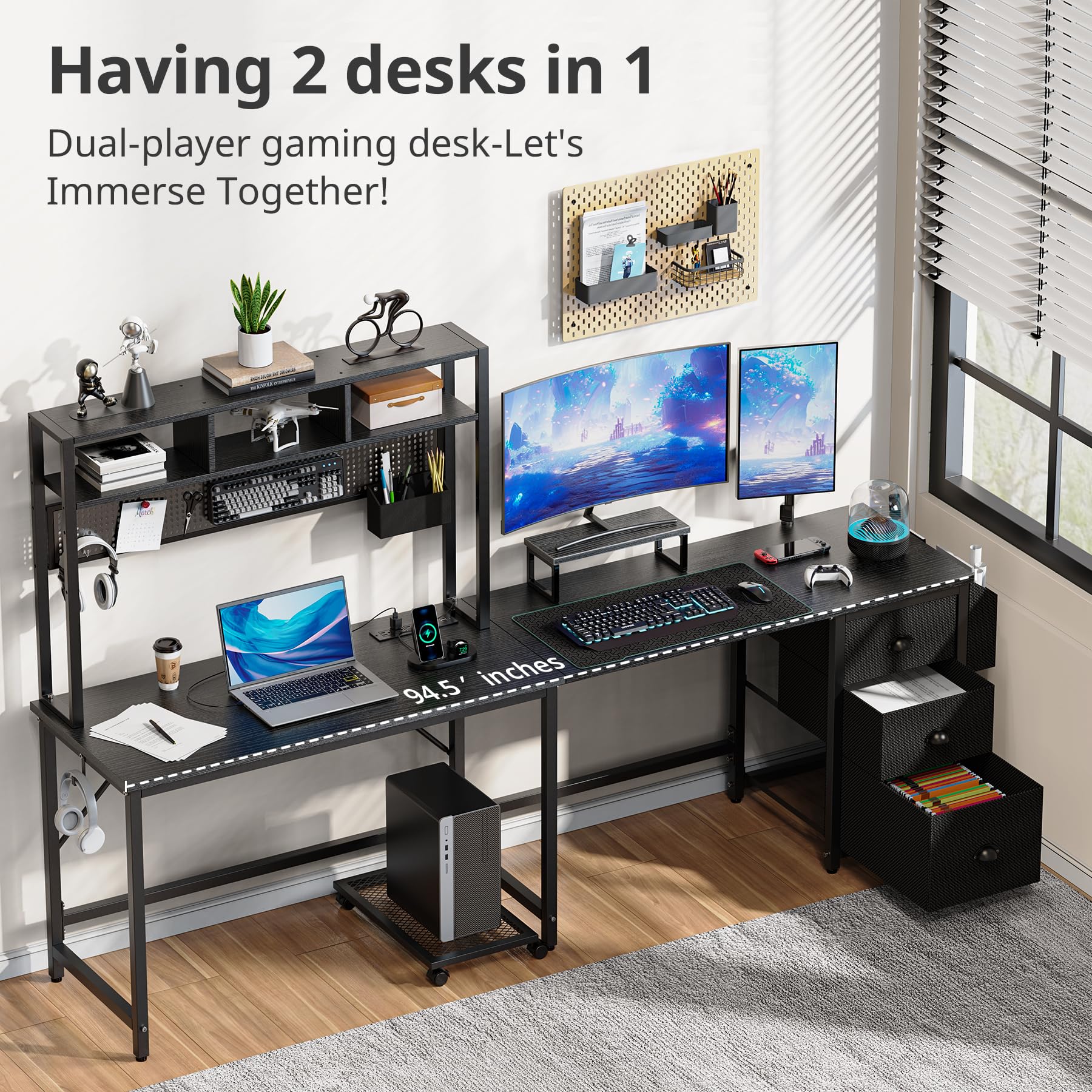 DOMICON Gaming Desk Computer Desk with Pegboard & Shelves Large L Shaped Desk with Drawers, Gaming Desk with Power Outlet & LED & Monitor Stand & Mobile CPU Stand, Corner Deck for Home Office Black