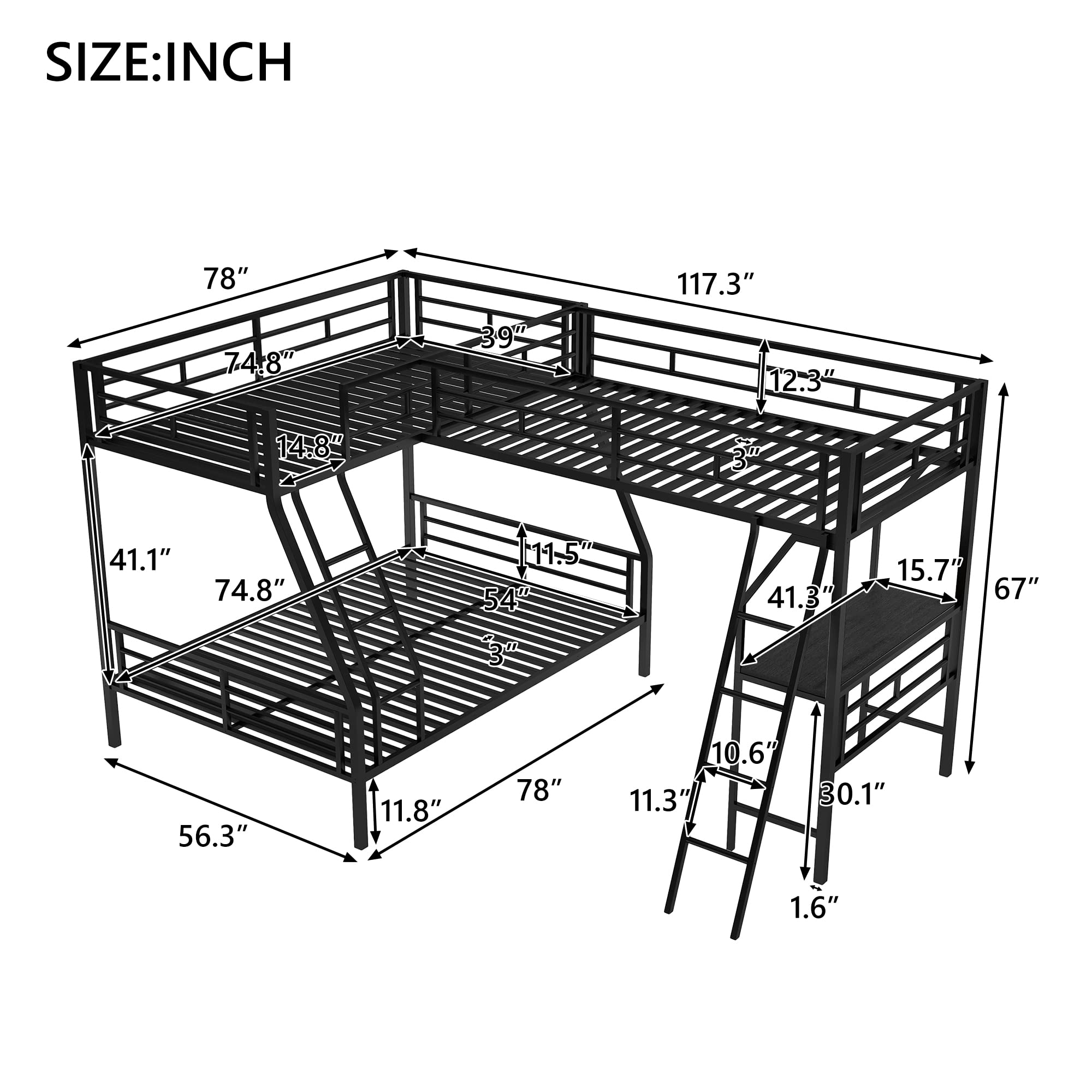 SOFTSEA L-Shaped Twin Over Full Bunk Bed with Built-in Desk, Heavy-Duty Metal Bunk Bed Frame for 3 Persons, Space-Saving Design, No Box Spring Needed, Safety Guardrails, Noise-Free, Black