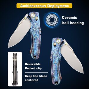 REMETTE Father's Day Gift Pocket Knife, Pearlescent M390 Blade Titanium Handle EDC Folding Knife, Axis Lock, Men Women Everyday Carry Knife with Reversible Pocket Clip