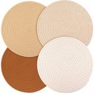 billbotk round woven placemats set of 4, 13 inches kitchen table place mats for dining table, trivets for hot pots and pans, boho table setting decor, fall decorations for home